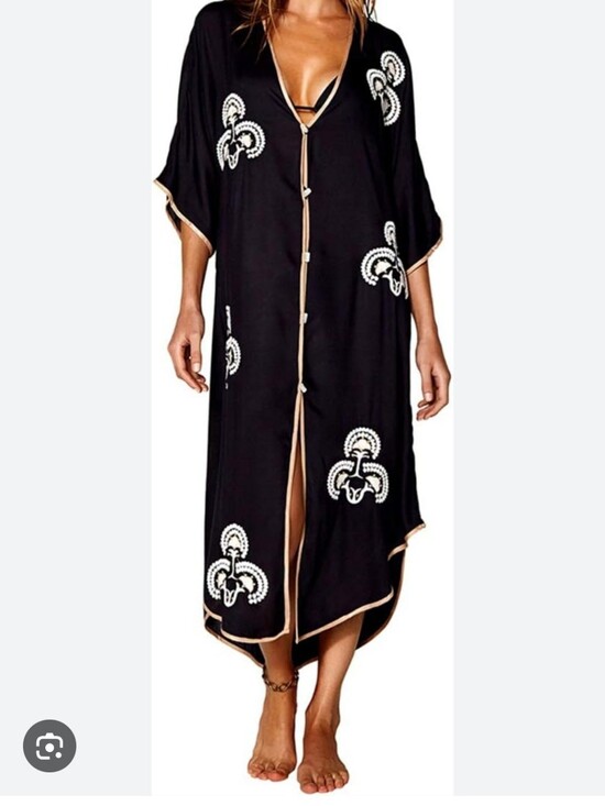 no brand Other - Black Embroidered 100% Cotton Long Boho  Beach Cover with Gold Trim One Size